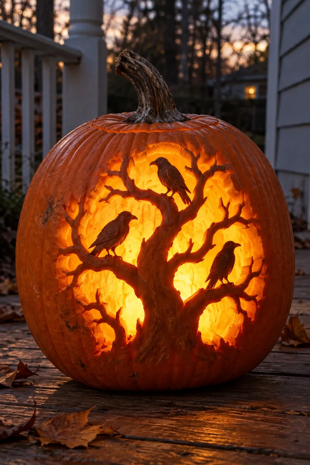 Orange pumpkin carved with a bare twisting tree and three crows on its branches, glowing on a porch