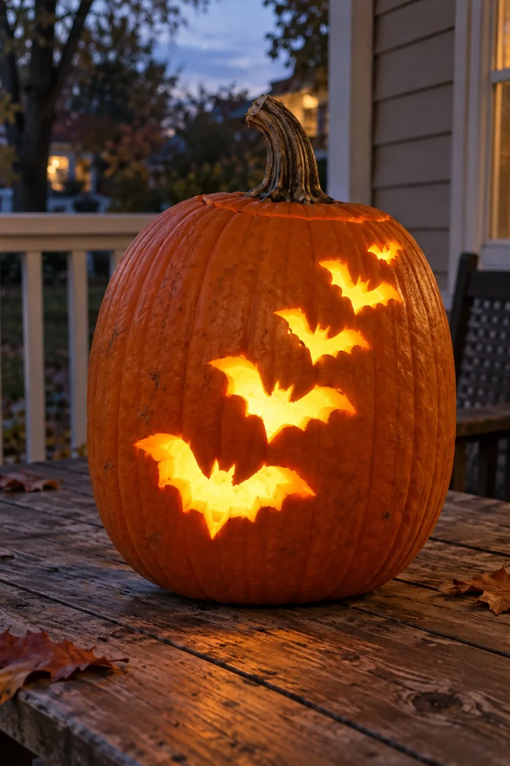Orange pumpkin carved with glowing bat silhouettes flying diagonally from the base toward the stem