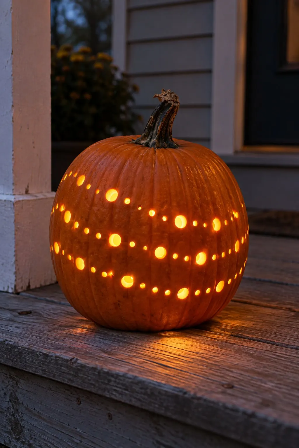 Orange pumpkin on a porch step covered in wavy bands of drilled holes glowing from a light inside