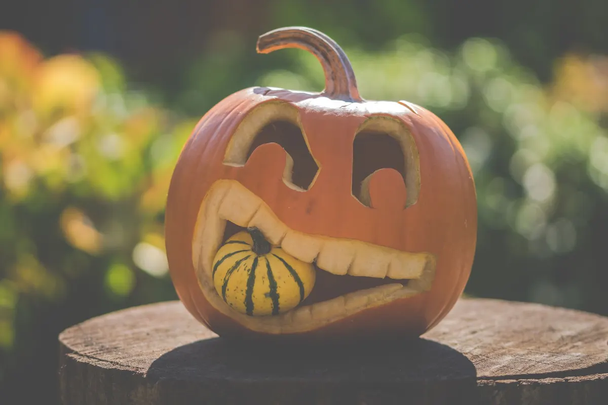 Carved pumpkin with arched eyes and a blocky grin holding a small striped gourd in its mouth, on a stump