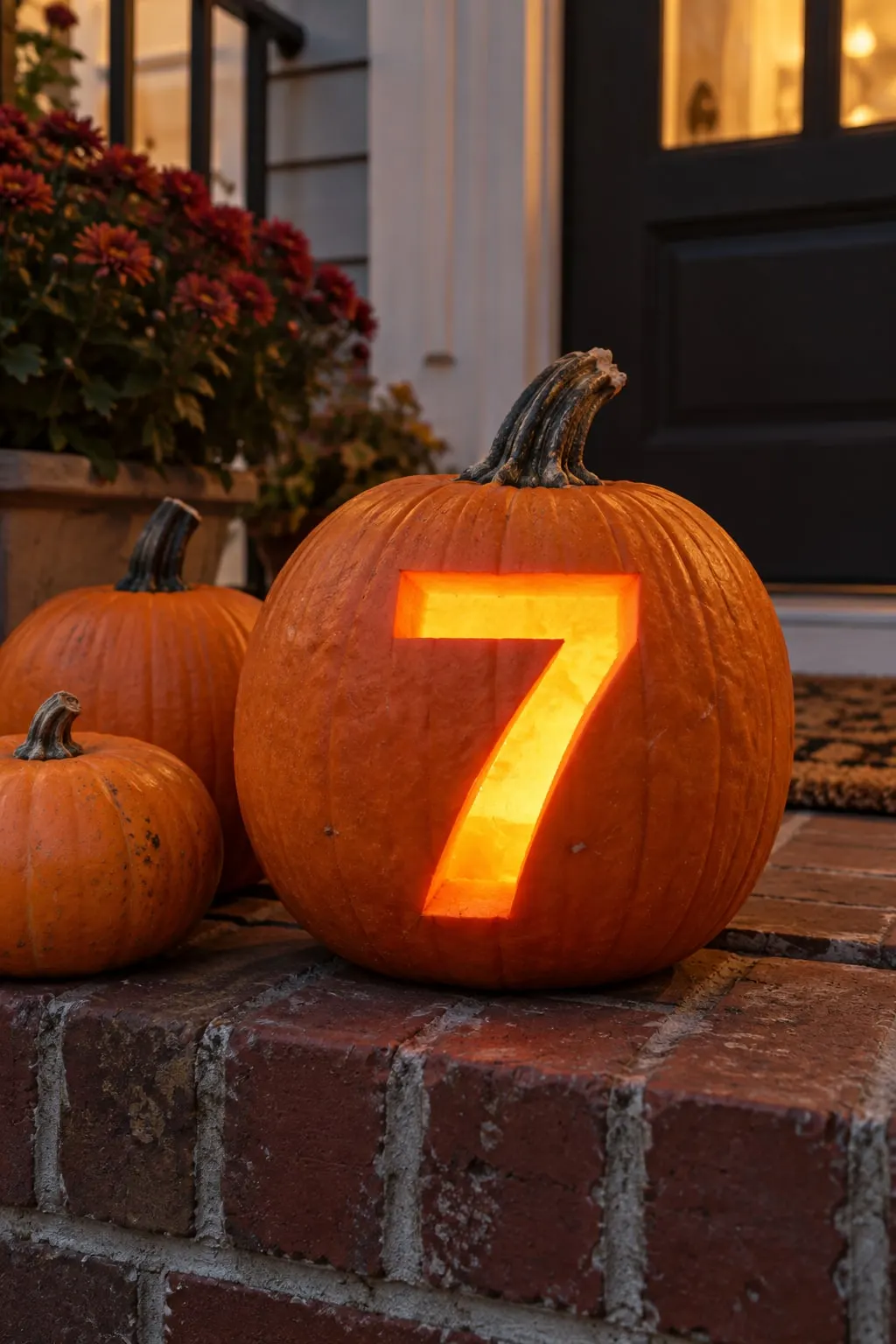 Orange pumpkin on a brick step with a large number seven cut through the front and glowing