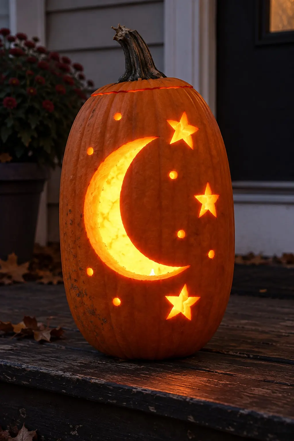 Tall orange pumpkin carved with a glowing crescent moon, small five-point stars and round dots