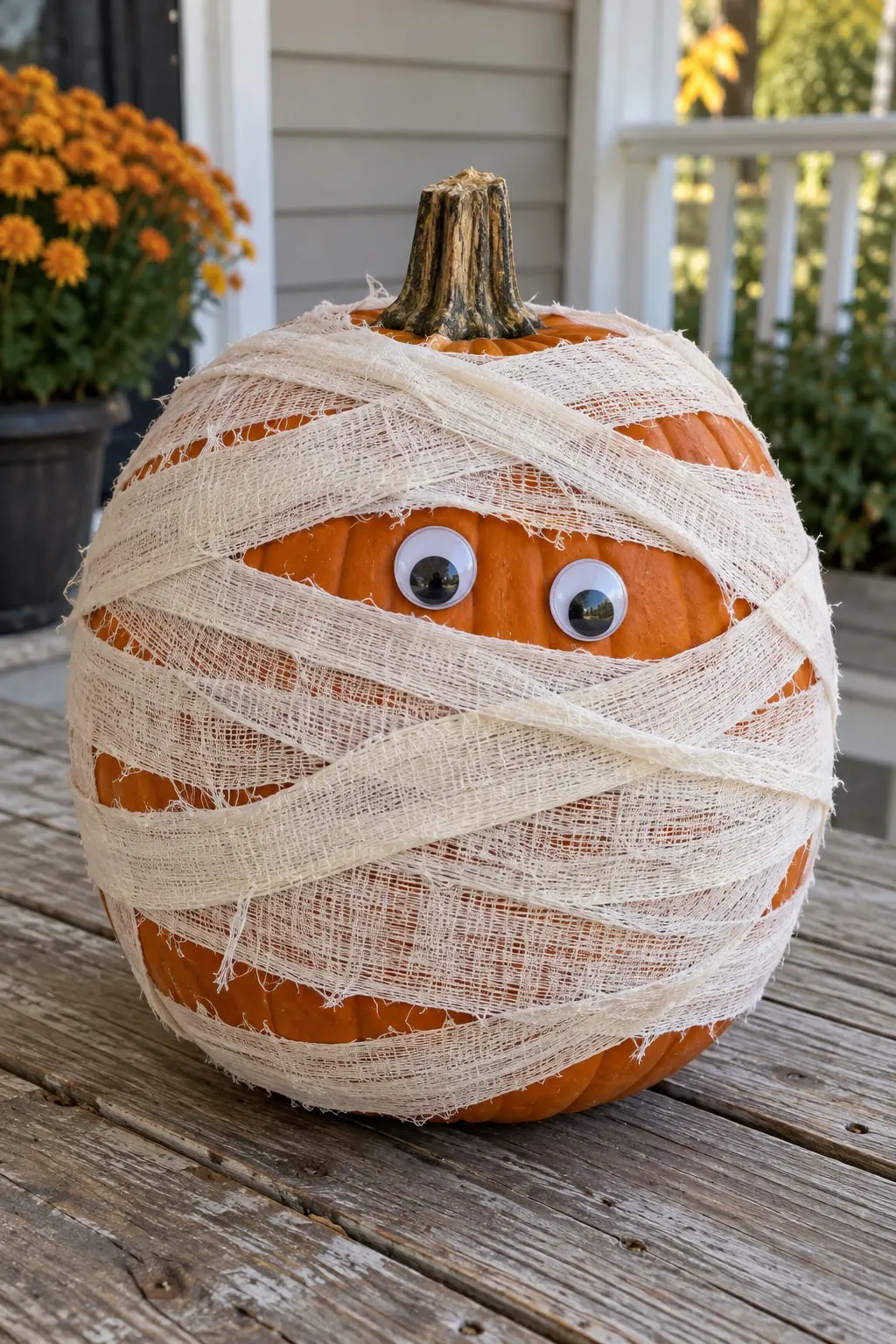 Orange pumpkin wrapped in overlapping strips of off-white gauze with two googly eyes peeking out