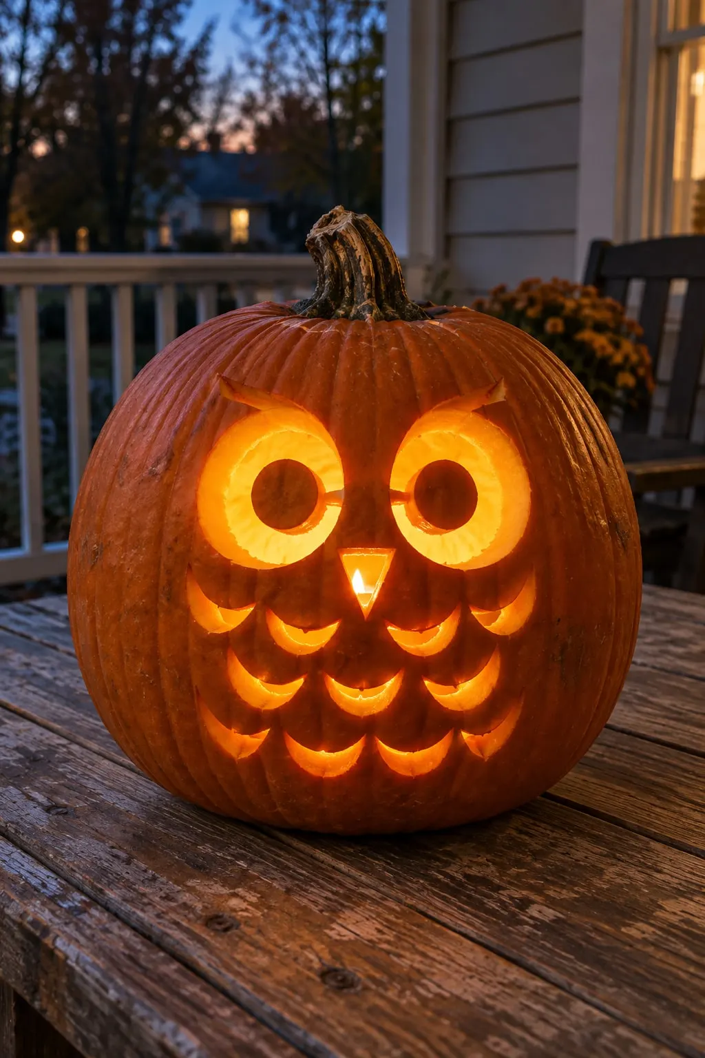 Round orange pumpkin carved as an owl with big ring eyes, a small beak and crescent feather cuts