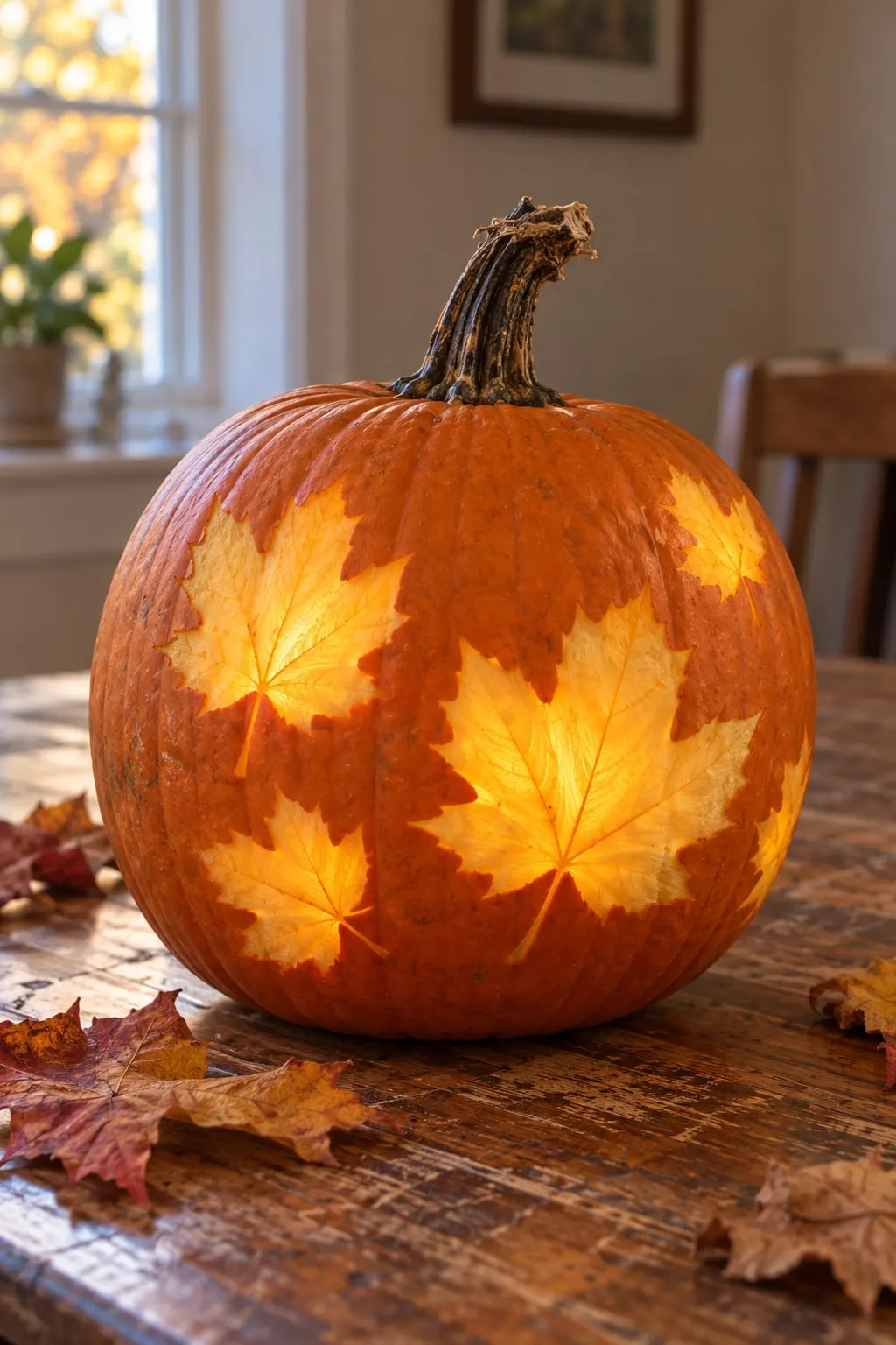 Pumpkin on a wooden table with three maple leaf shapes shaved into the skin, glowing softly from inside