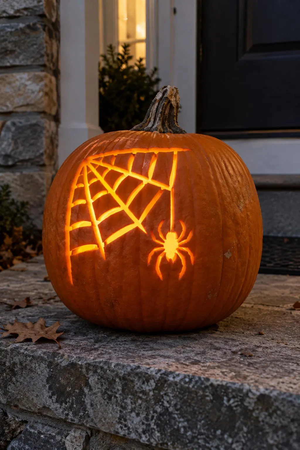 Orange pumpkin on a stone step carved with a glowing corner spiderweb and a small hanging spider