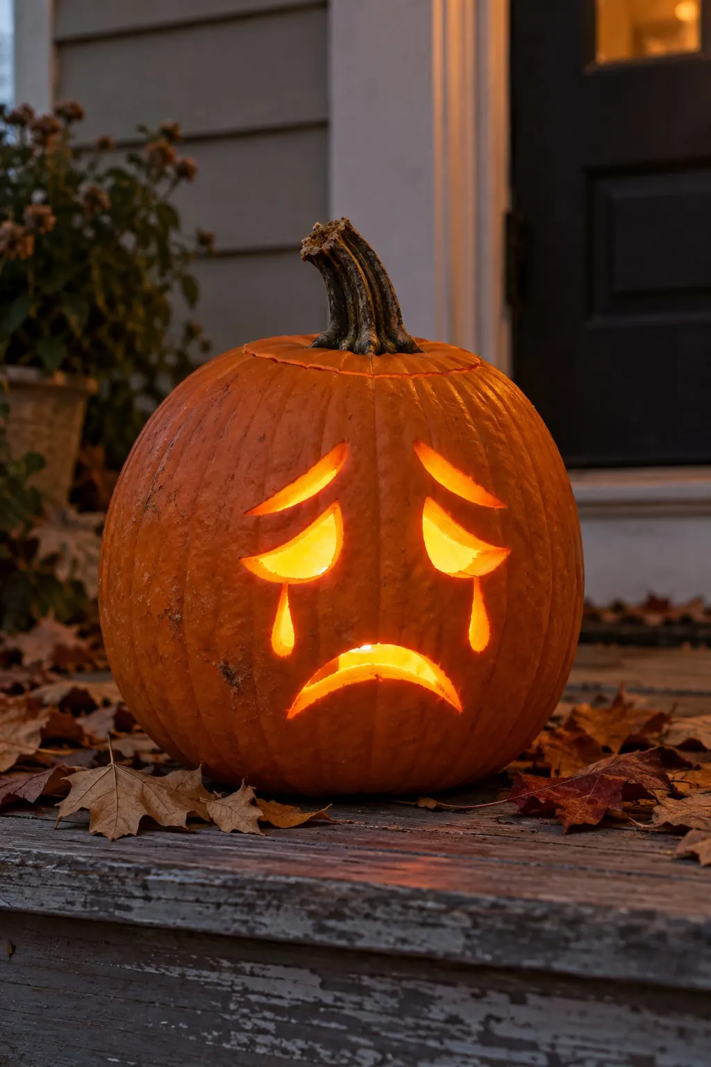 Glowing jack-o'-lantern with droopy slanted eyes, a thin teardrop cut under each eye and a frown