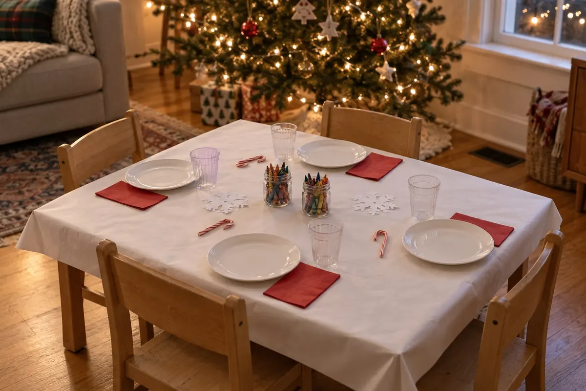 Kids table covered in white paper with red napkins, four plates, jars of crayons, candy canes and paper snowflakes