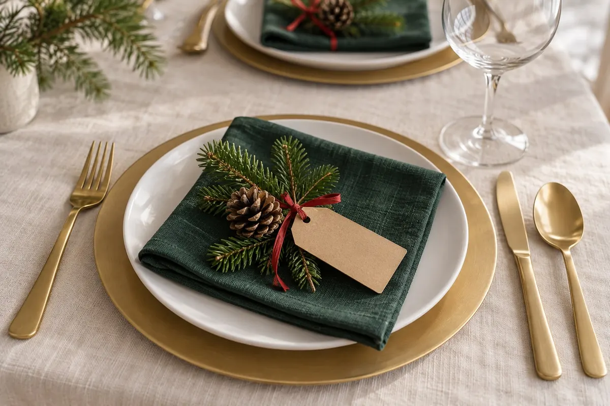 Christmas place setting with a green napkin, gold charger, blank kraft tag on red ribbon, fir sprig and pinecone