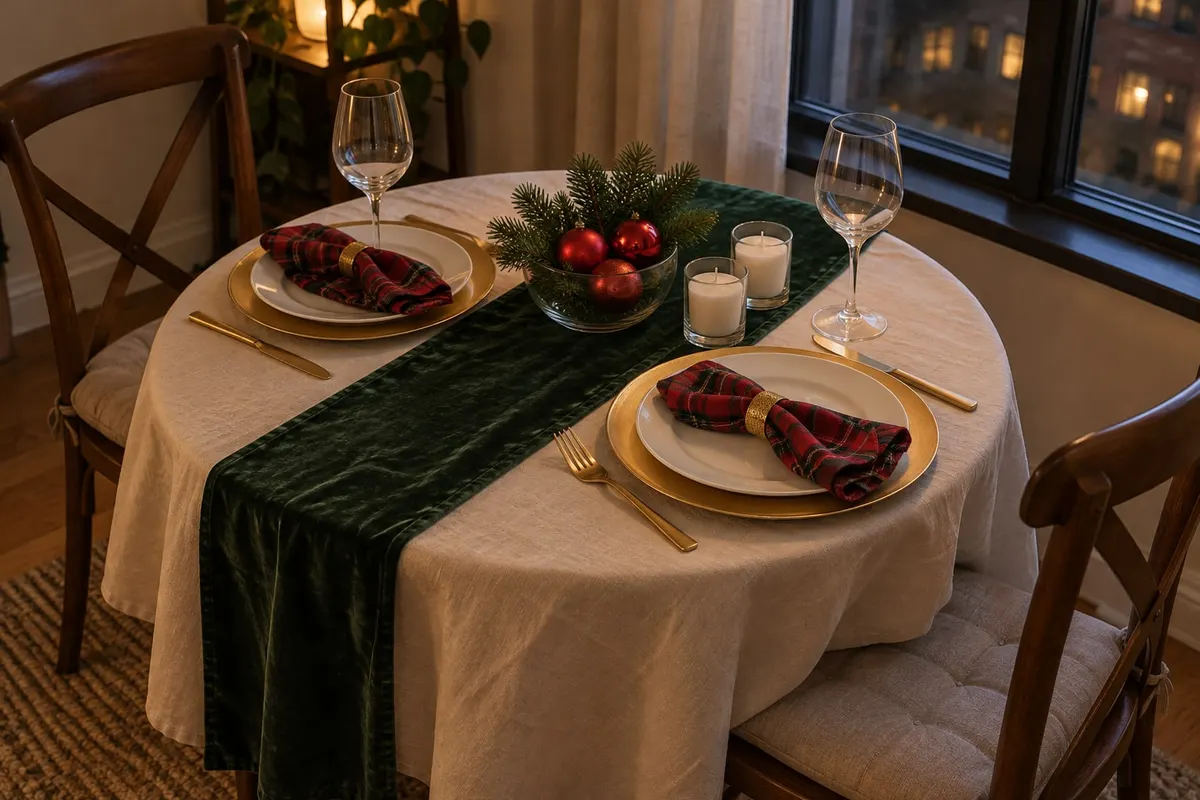 Small round table set for two with a green runner, tartan napkins, gold chargers and a bowl of ornaments