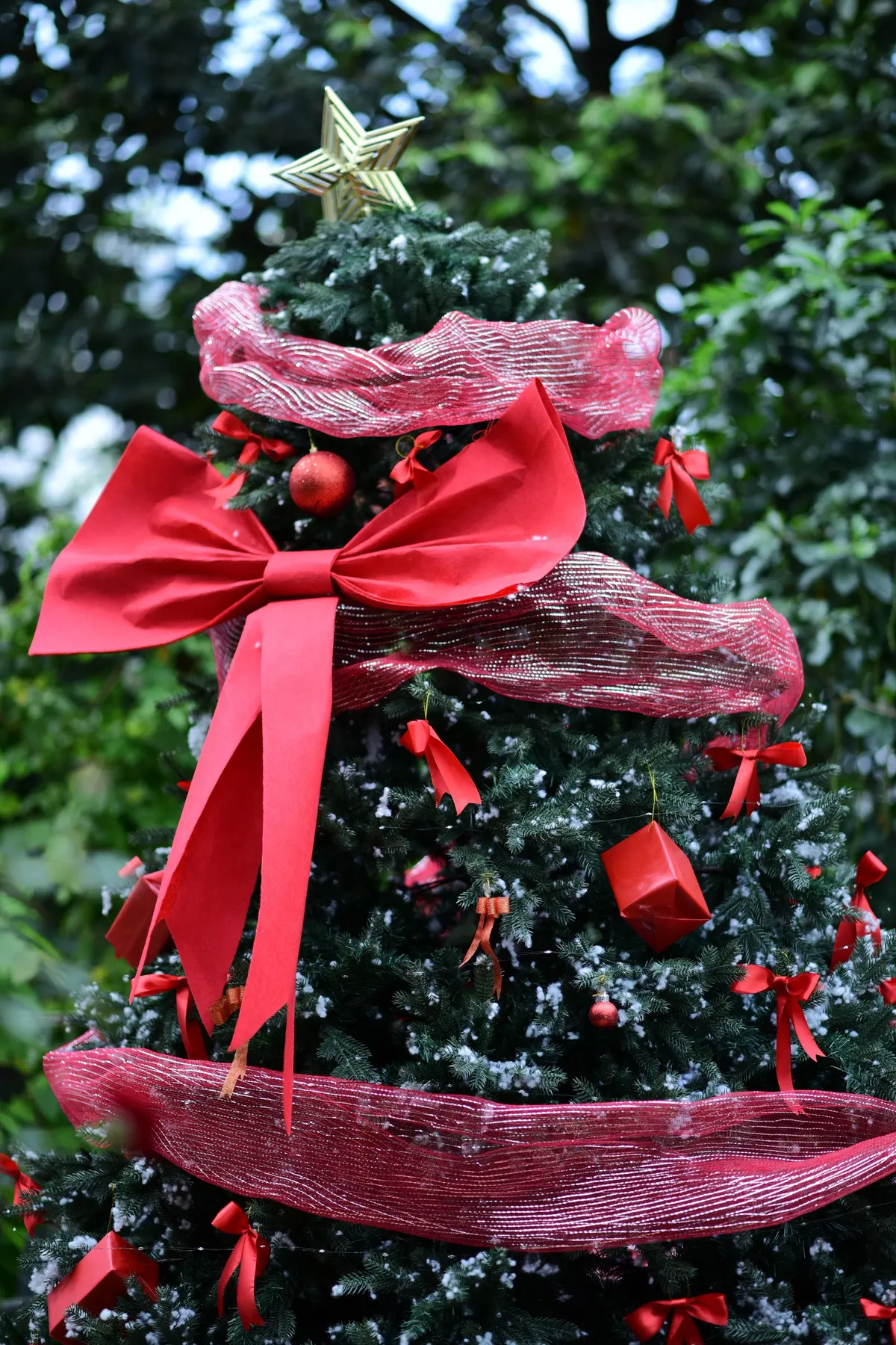 Lightly flocked tree with wide red mesh ribbon, an oversized red bow, red balls and a gold star topper