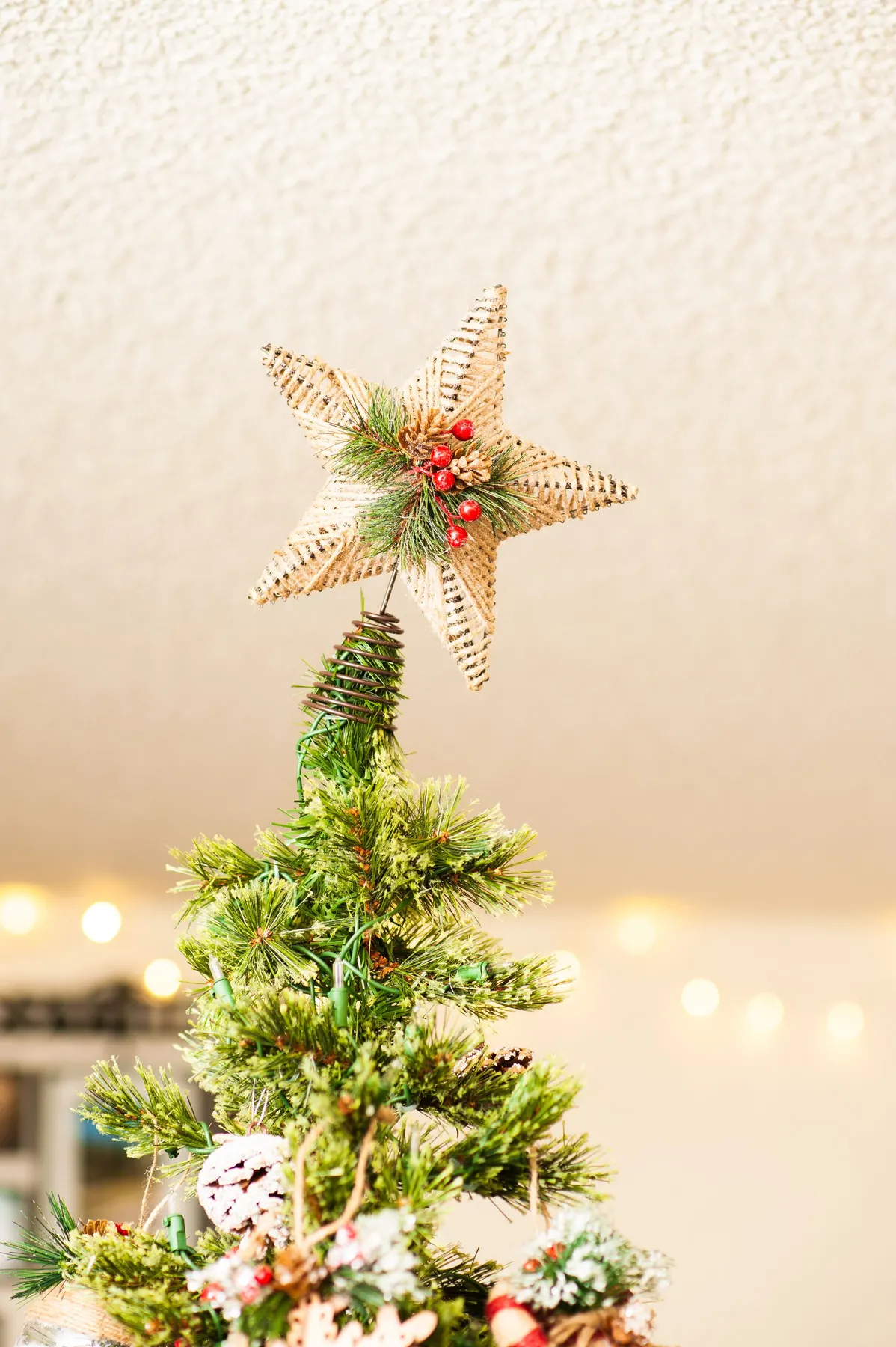 Narrow tree top with a large twine-wrapped star topper with green needles and red berries, plus pinecones