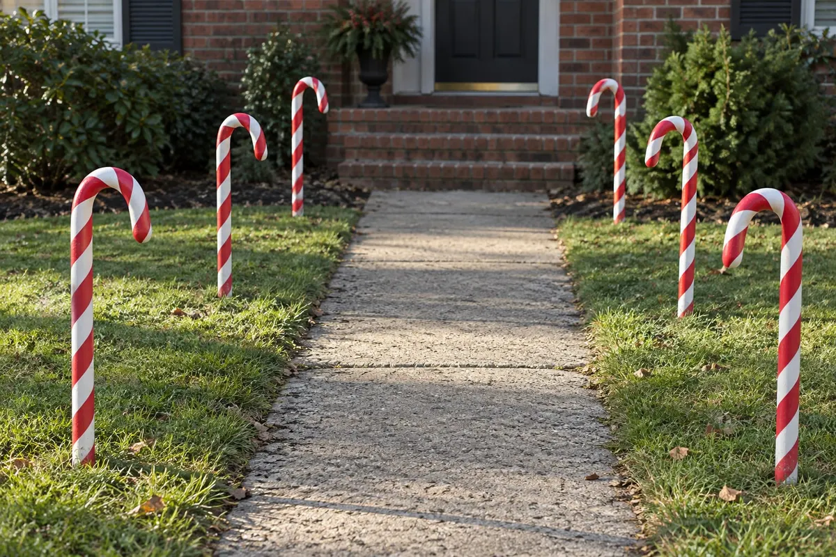Walkway to a brick house lined with three tall red and white candy cane stakes per side, hooks curving inward