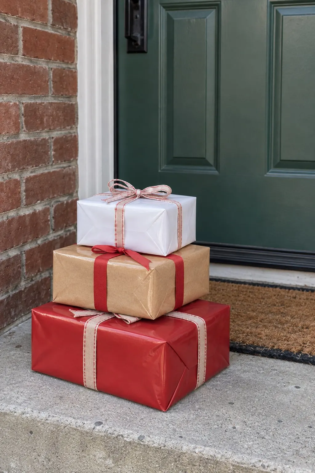 Three stacked gift boxes in red, kraft brown and white paper with ribbons on a doorstep by a green door