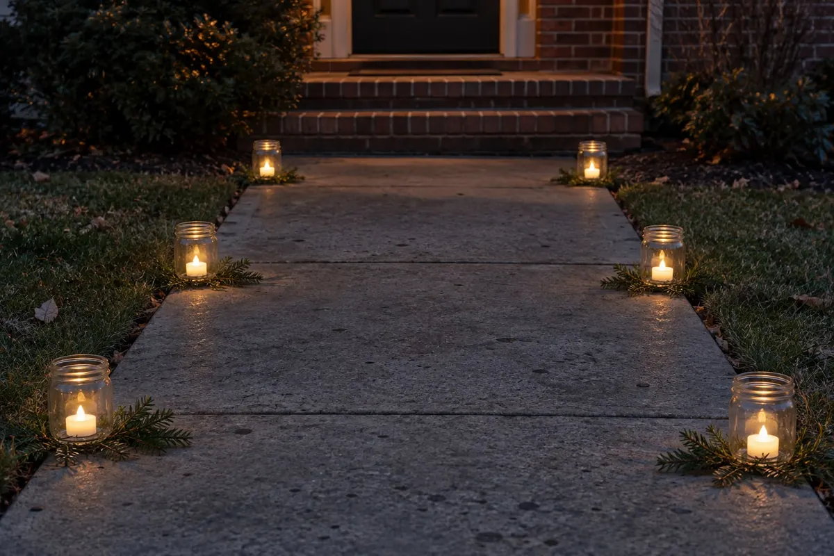 Concrete walkway at dusk lined with three glass jars of LED tea lights per side, evergreen at the base