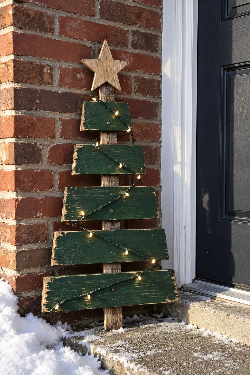 Five-tier Christmas tree of green painted planks with a wooden star and string lights, leaning on brick by a door