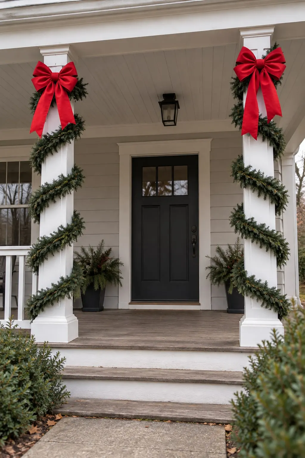 Two white porch columns spiral-wrapped in evergreen garland with a large red bow at the top of each