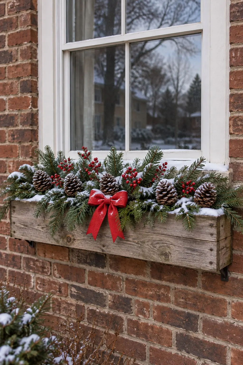Weathered wooden window box under a white-framed window on brick, with snowy evergreens, five pinecones, berries and a red bow