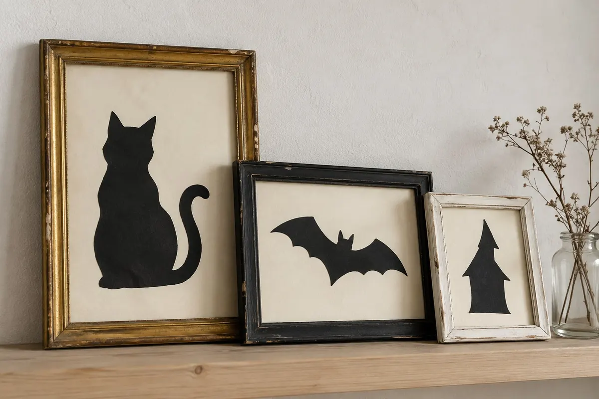 Gold, black and white thrifted frames on a wood shelf holding black cut-paper cat, bat and pointed-roof silhouettes