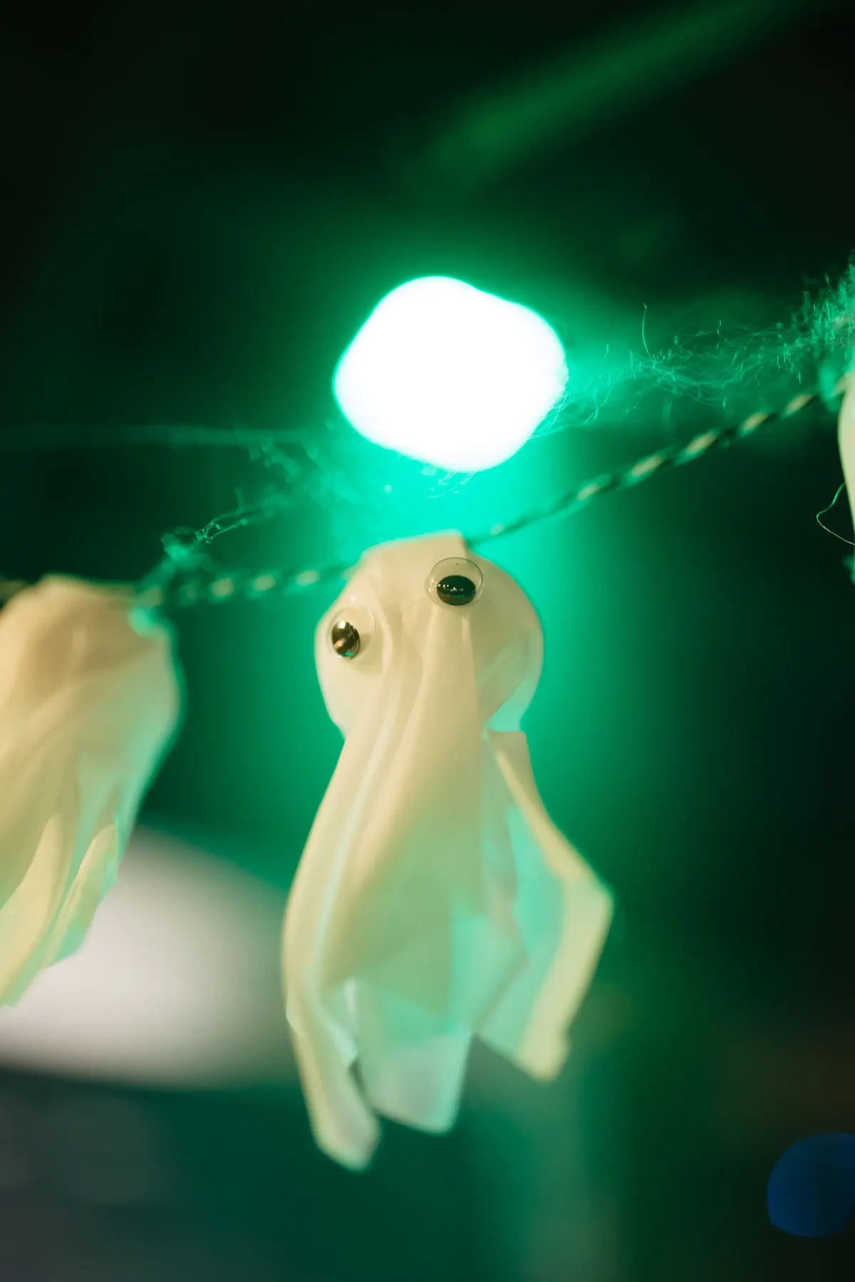 Small cream fabric ghost with mismatched googly eyes tied to a light string, glowing green bulb and cobweb behind