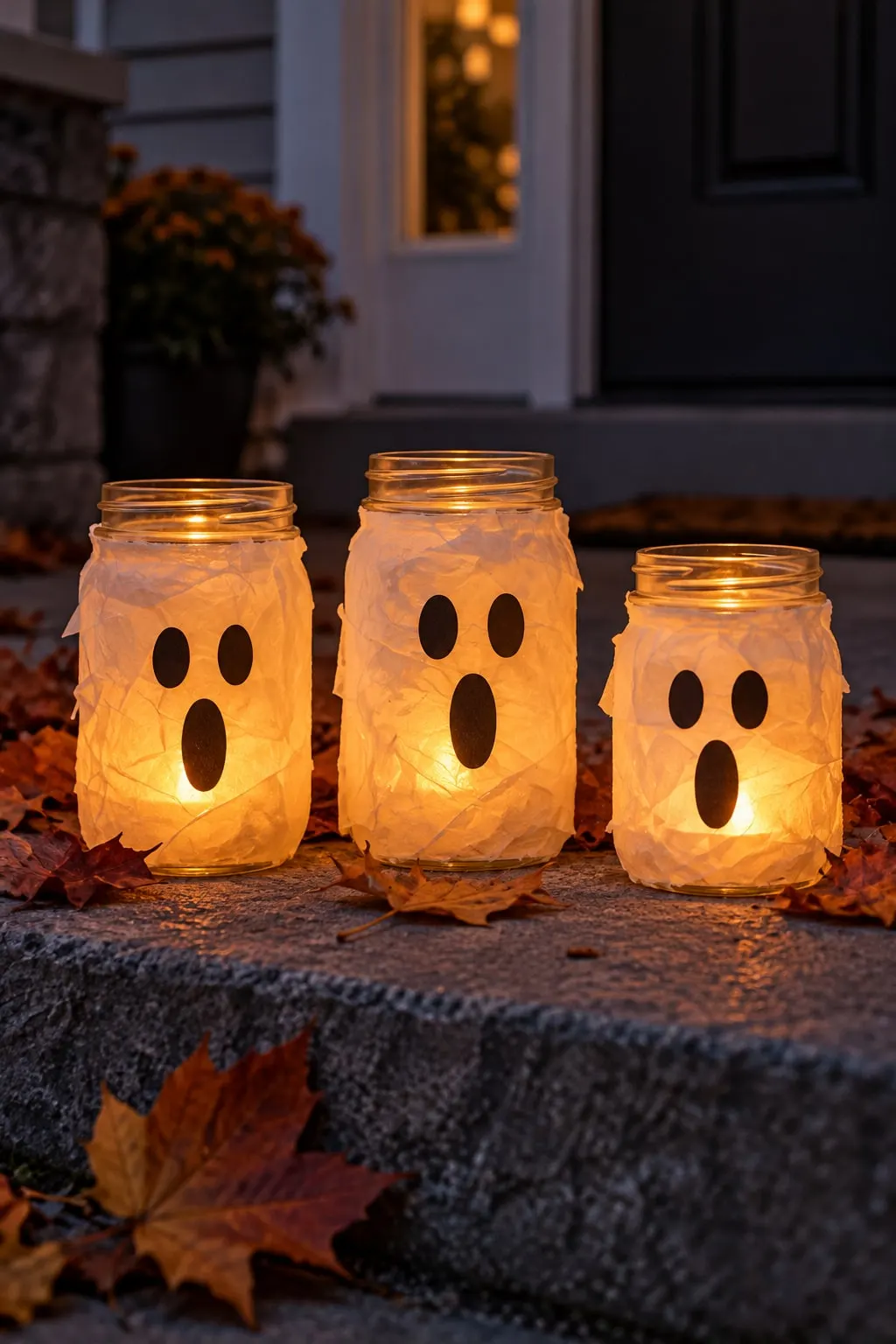 Three tissue-wrapped mason jars with black paper ghost eyes and O mouths glowing on a stone step with leaves