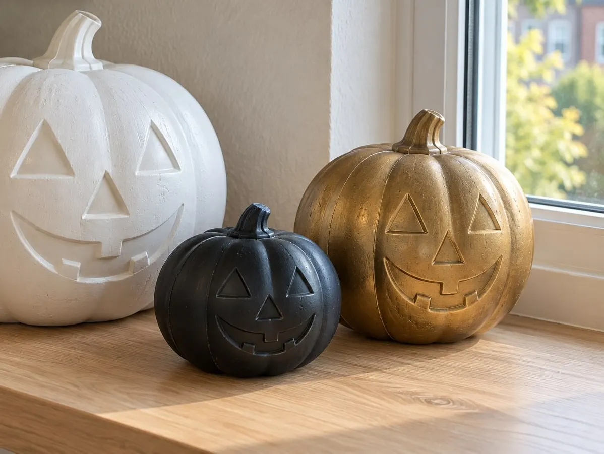 Three molded jack-o'-lantern pumpkins painted matte white, matte black and metallic gold on an oak windowsill