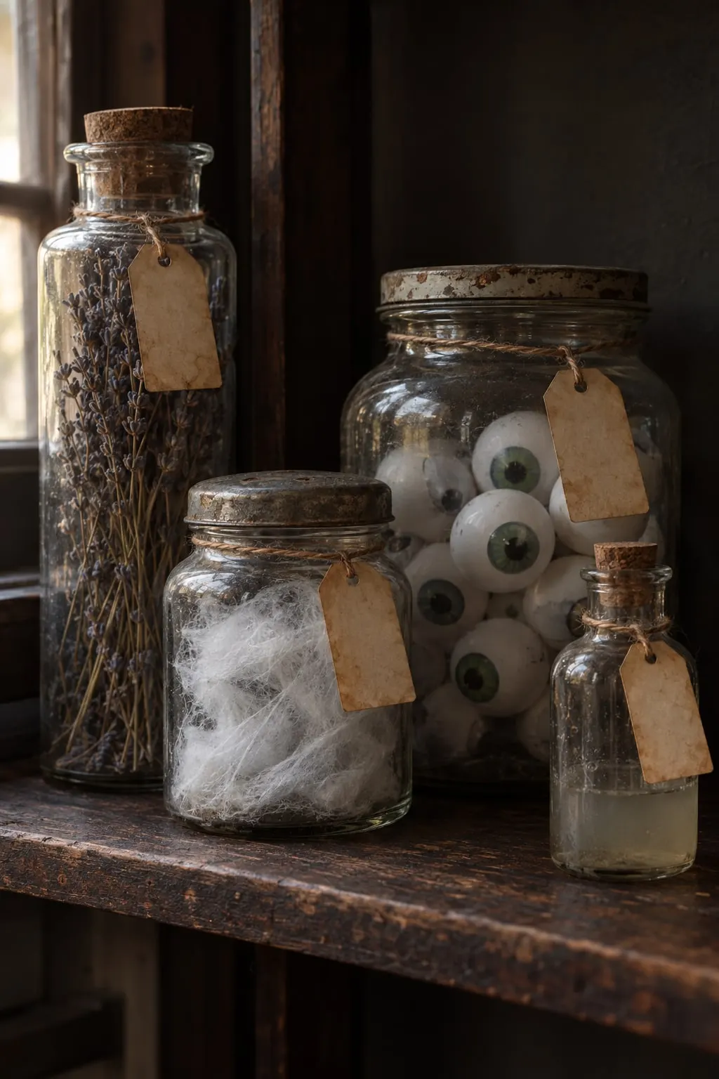 Three glass jars and a corked bottle with blank tea-stained tags: lavender, cobweb fluff, fake eyeballs, cloudy liquid