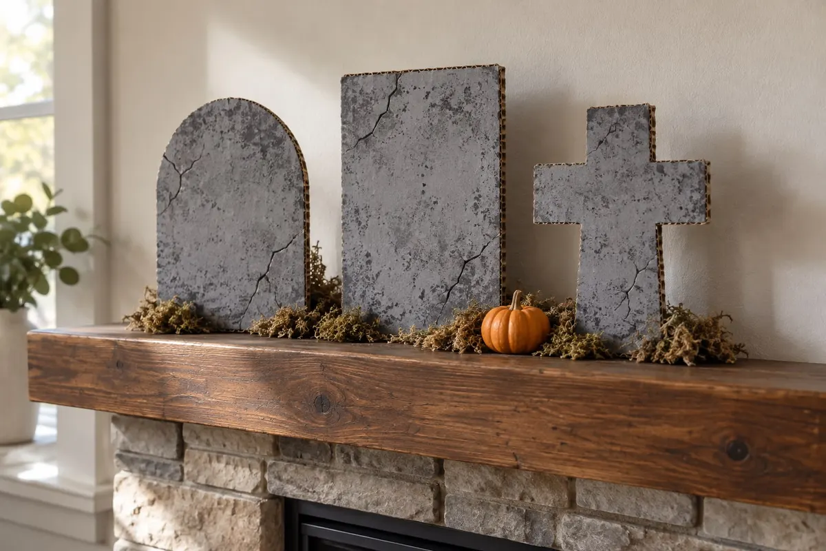 Three gray painted cardboard tombstones, an arch, a slab and a cross, with moss and a mini pumpkin
