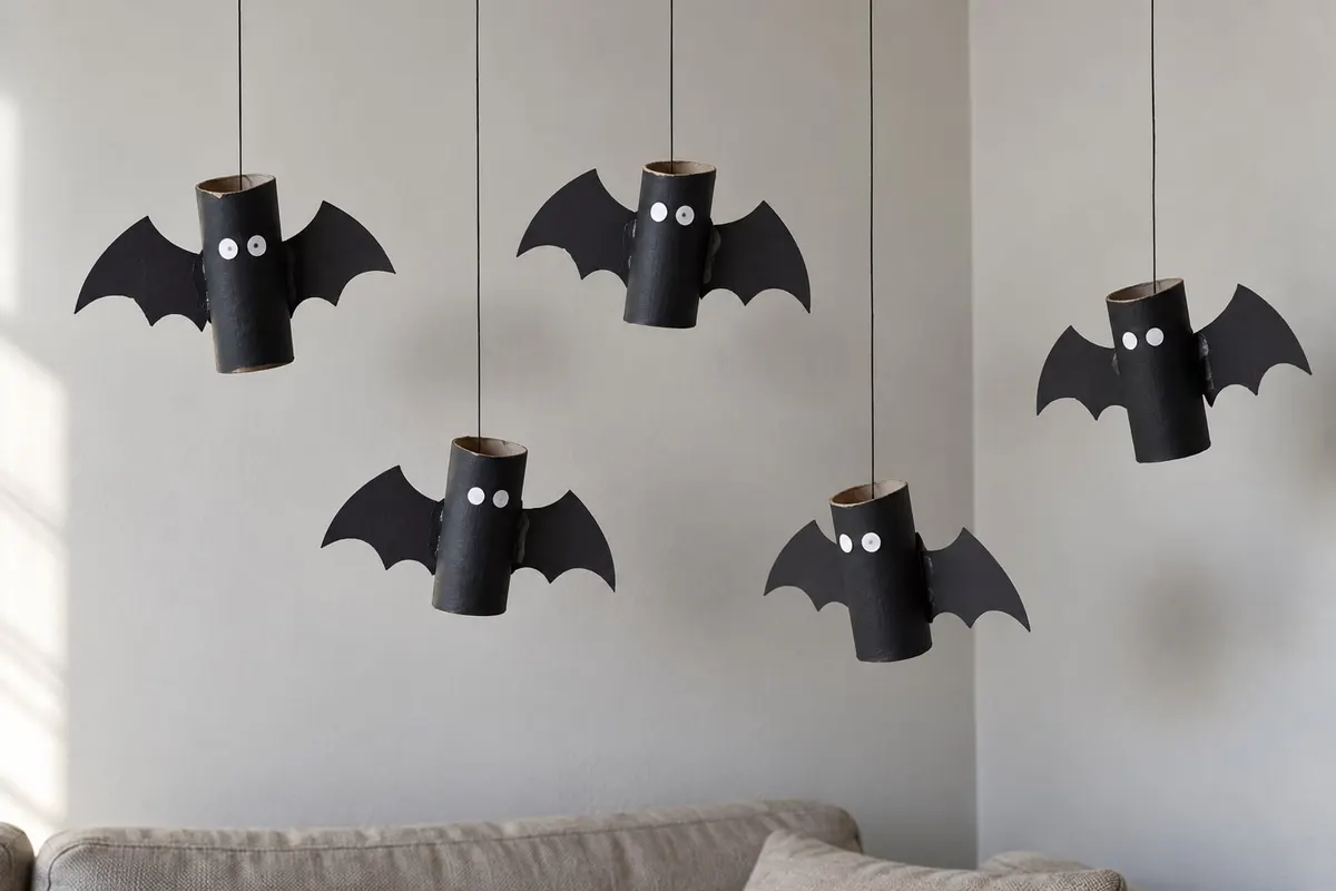 Five black-painted cardboard tube bats with paper wings and white paper eyes hanging on thread by a gray wall