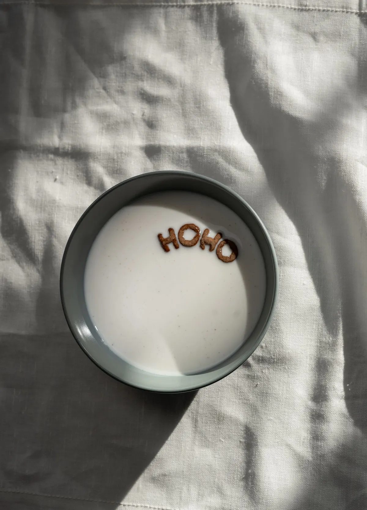 Gray bowl of milk with four alphabet cereal letters spelling HOHO on a light cloth