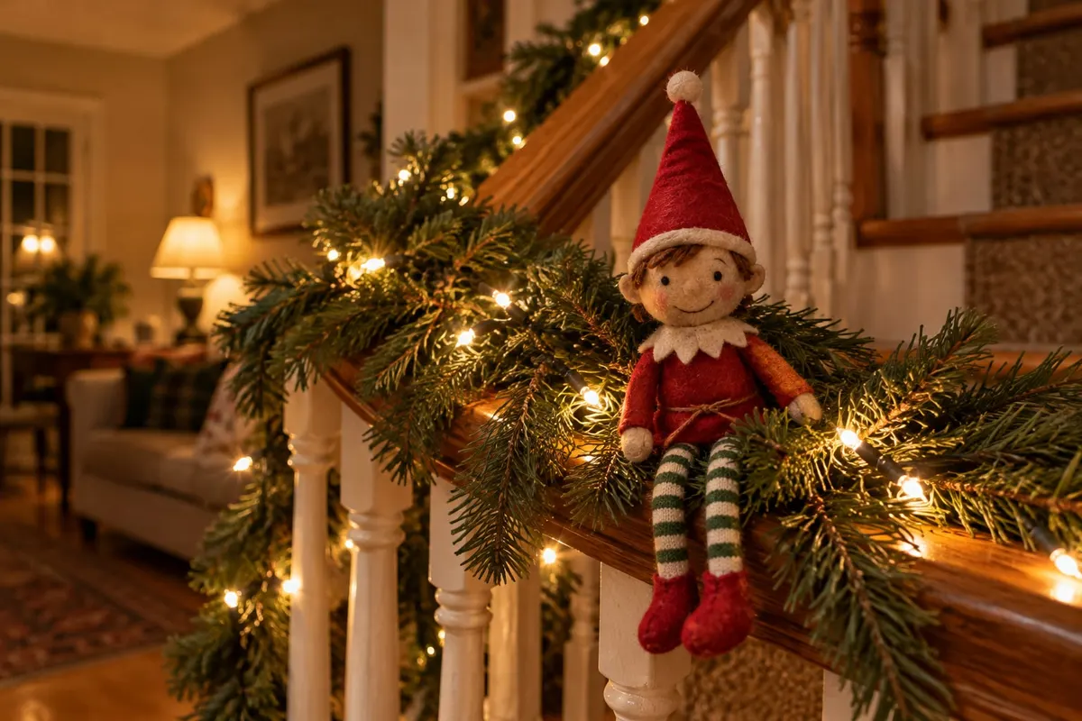 Red felt elf doll sitting in a lit evergreen garland on a wooden stair railing