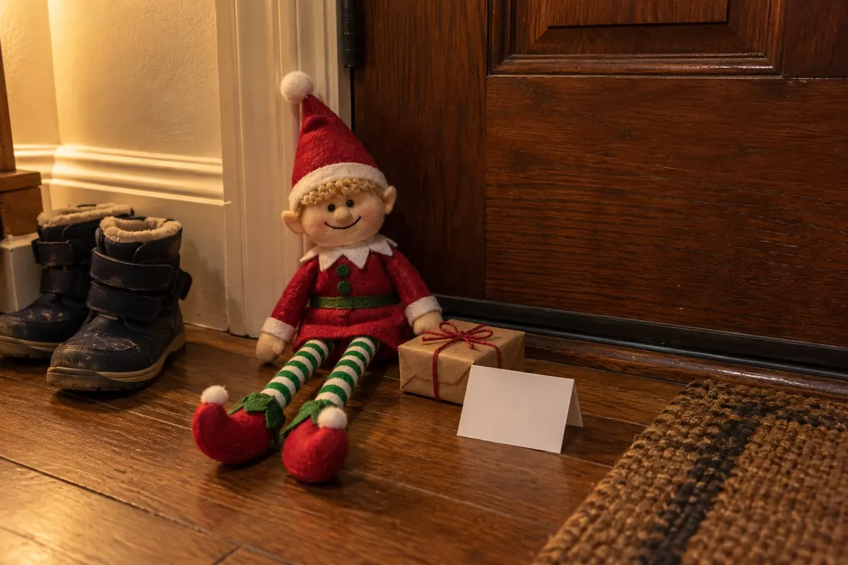 Felt elf doll by a dark front door with a brown paper parcel in red string and a blank card