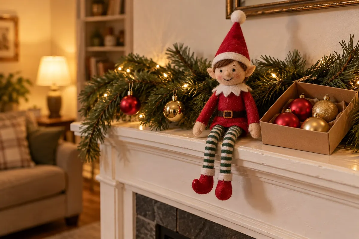 Felt elf doll on a white mantel by a lit pine garland and a box of red and gold ornaments