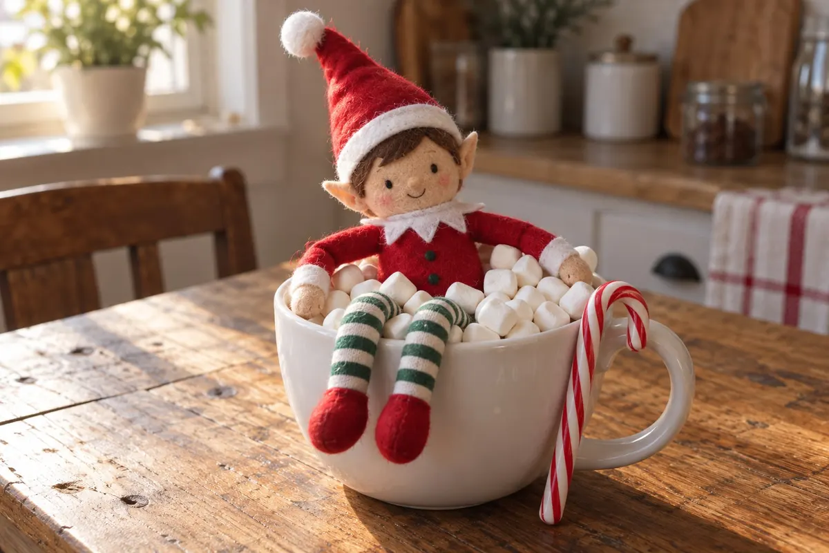 Red and white felt elf doll sitting in a white mug full of mini marshmallows beside a candy cane