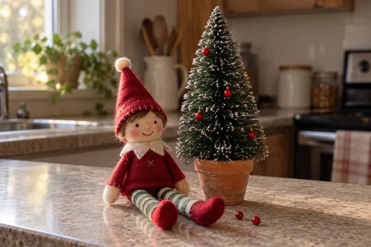 Felt elf doll on a kitchen counter beside a small potted tree with four red baubles and two more loose