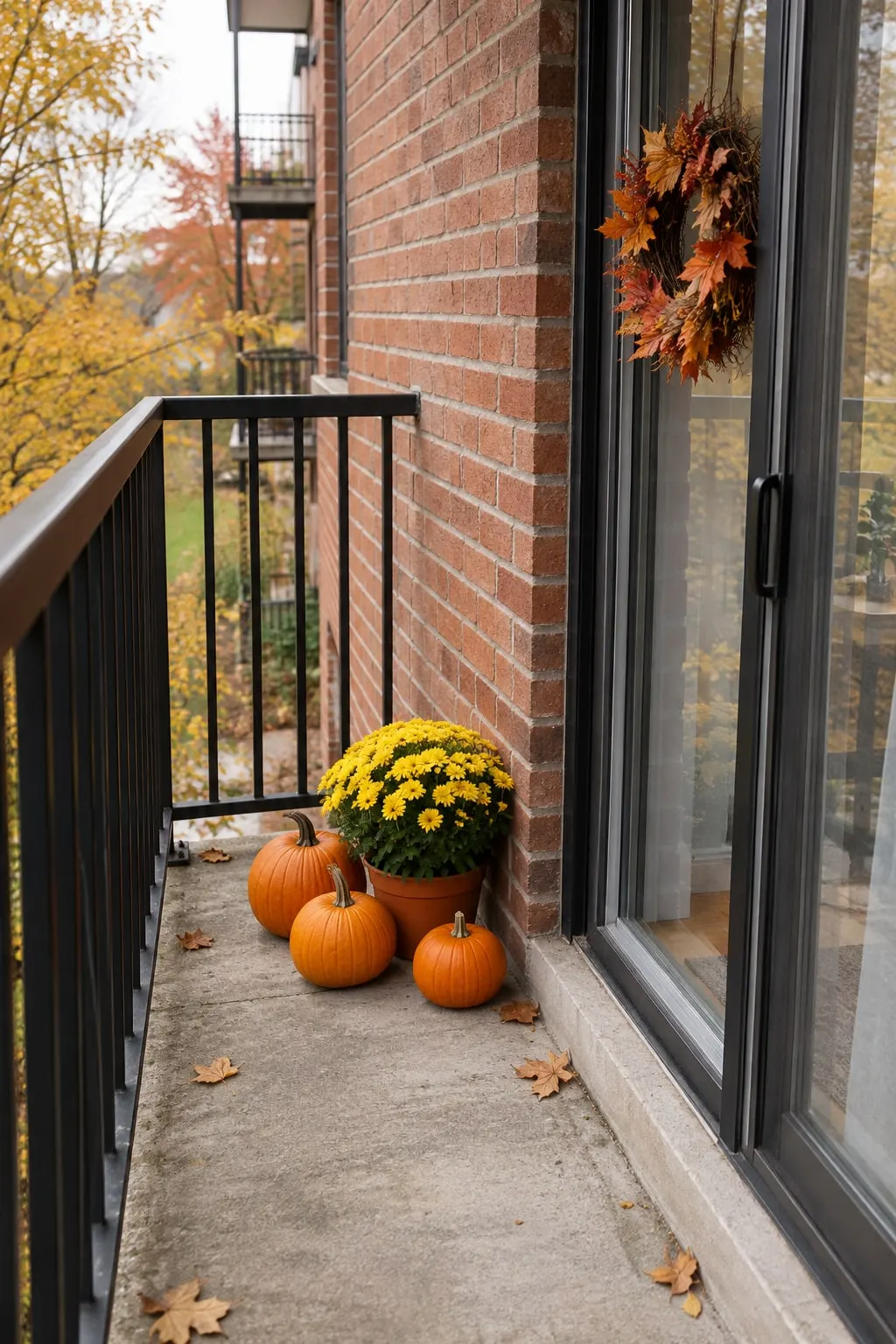 Narrow apartment balcony with a black railing and sliding door, three small pumpkins, a pot of yellow mums and a small wreath on the brick wall