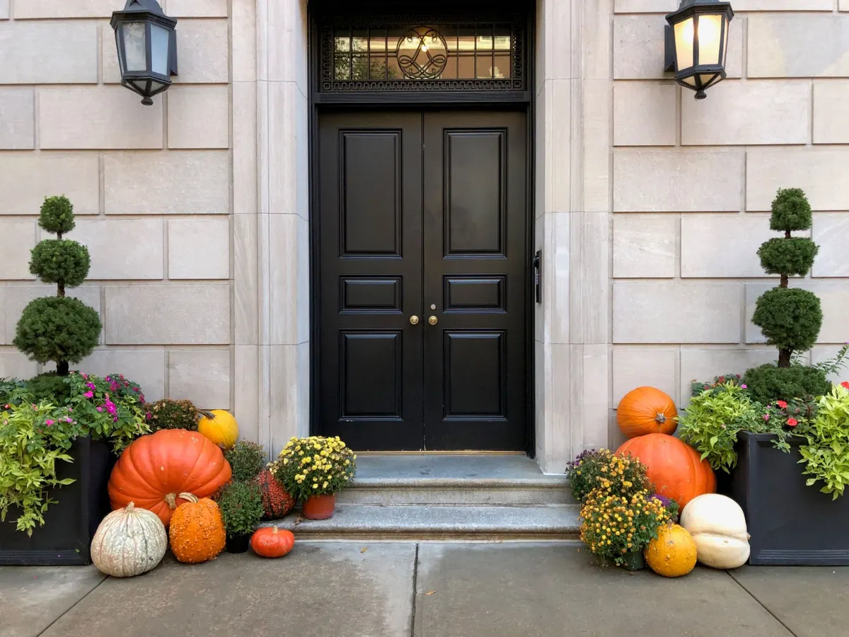 Black double front doors flanked by topiary planters, colorful pumpkins, mums and two wall lanterns