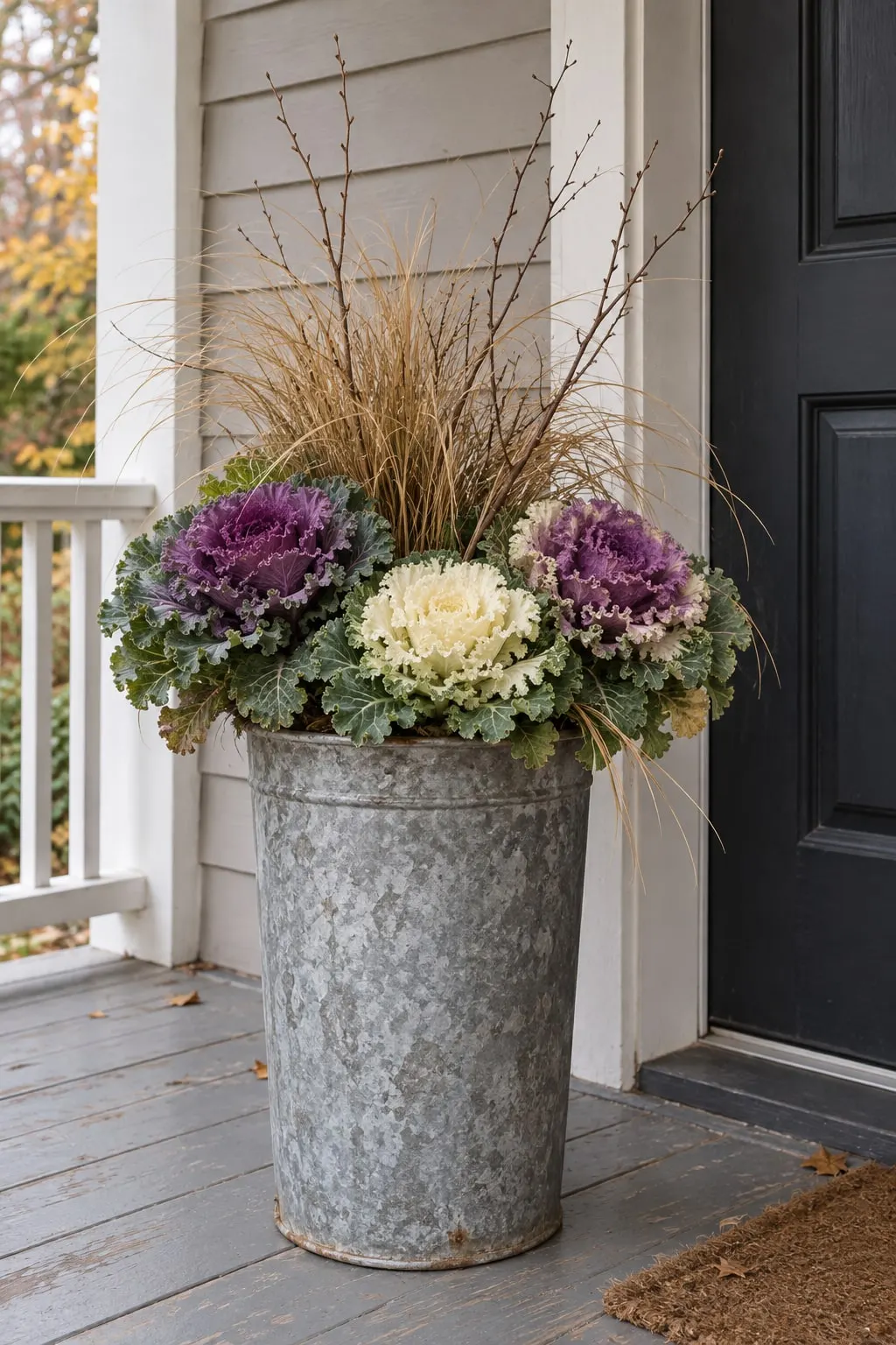 Galvanized metal planter on a gray wood porch holding purple and cream ornamental kale, tall dried grasses and bare twigs beside a dark door