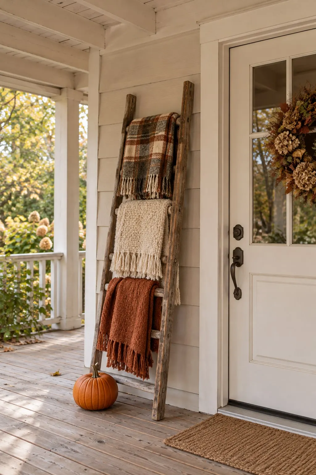 Rustic wooden blanket ladder leaning on cream siding beside a white door, with plaid, cream knit and rust throws and a small pumpkin at its base