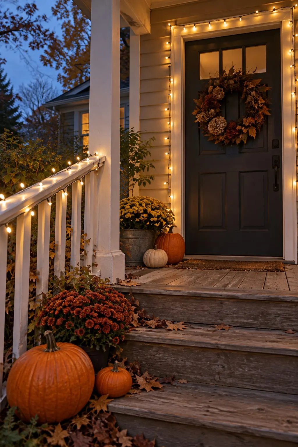 Porch steps at dusk with warm string lights along the railing and door frame, a wreath on the door, mums and pumpkins on the steps