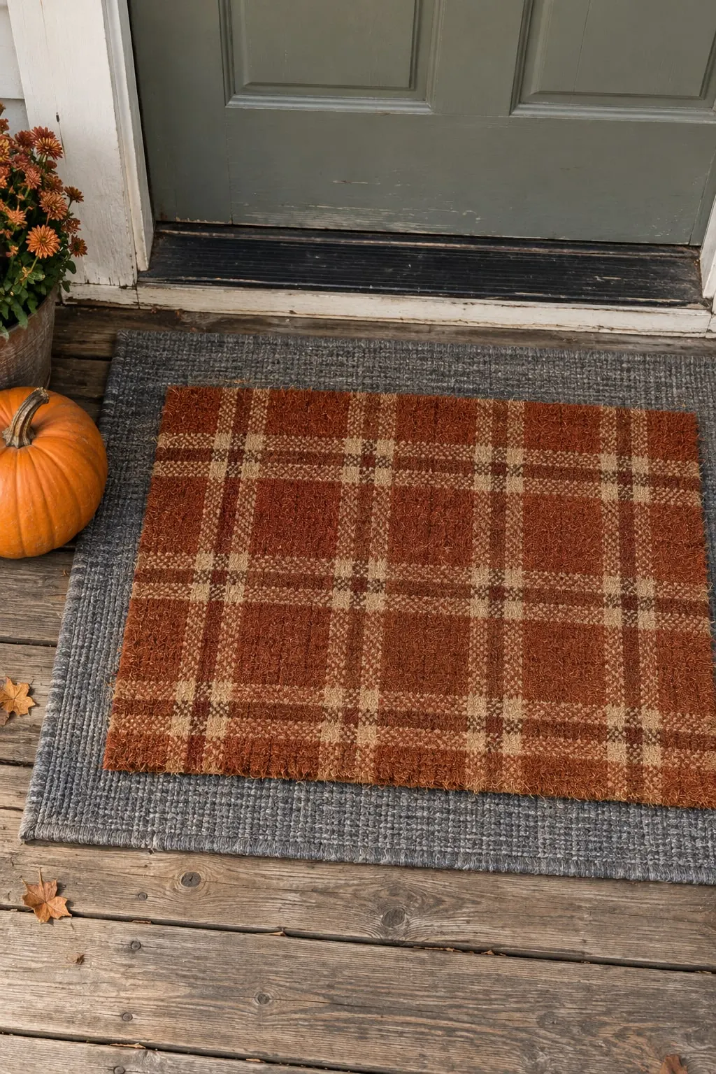 Rust and cream plaid coir doormat layered over a larger gray outdoor rug on a wooden porch in front of a gray-green door with a pumpkin beside it