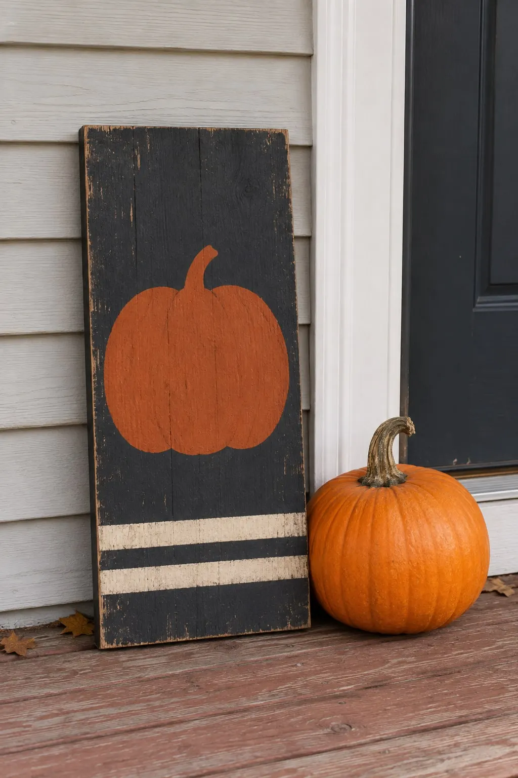 Painted wooden plank porch sign with an orange pumpkin silhouette and two cream stripes leaning on gray siding beside a real pumpkin and a dark door
