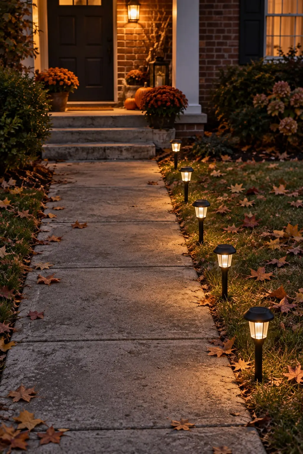 Concrete front walkway at dusk lined with small solar stake lights, leading to lit porch steps with mums and pumpkins, fallen leaves on the lawn