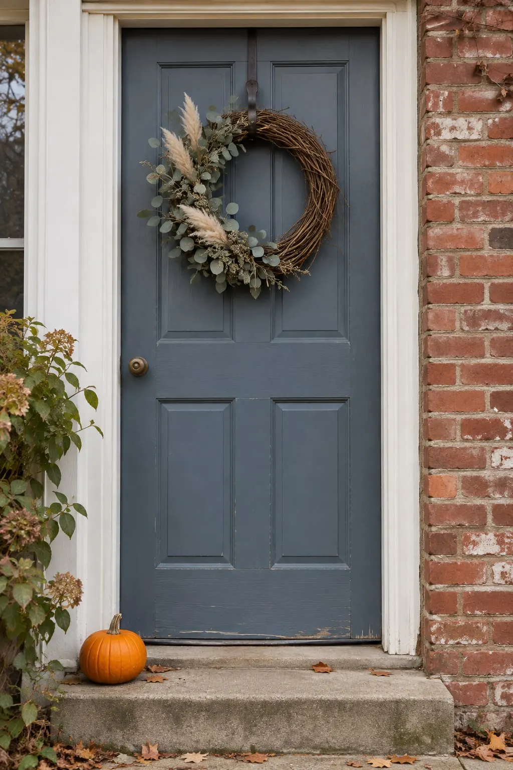 Grapevine wreath with silver-dollar eucalyptus and cream pampas plumes hanging on a slate blue paneled door above a small pumpkin on the step