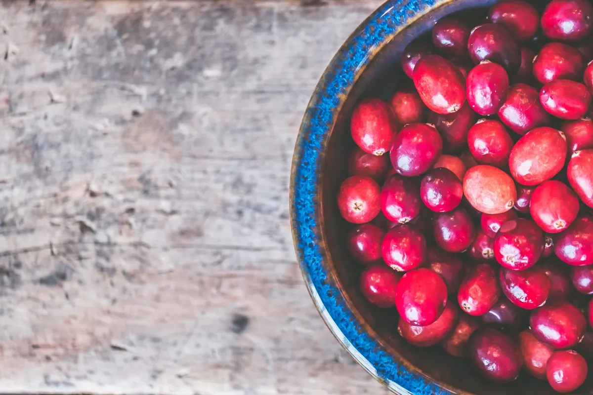 Red cranberries in a blue and brown glazed bowl on weathered gray wood
