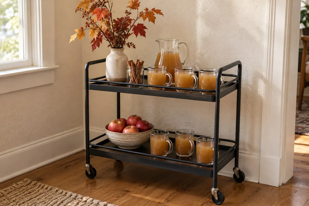 Black metal bar cart with a pitcher of apple cider, six glass mugs, red apples and cinnamon sticks
