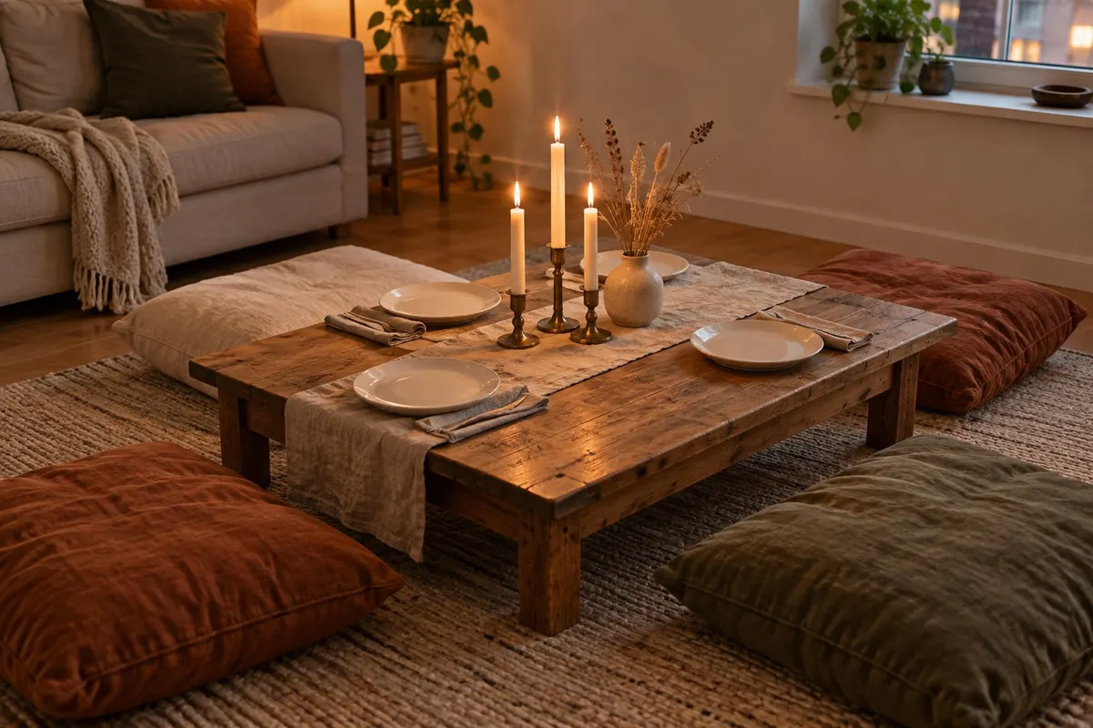 Low coffee table with four rust, cream and olive floor cushions, a linen runner and three short brass tapers