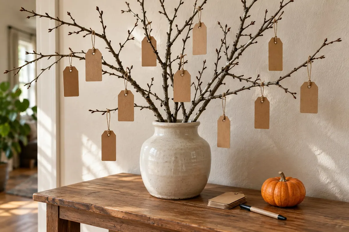 Bare branches in a white ceramic vase with about ten kraft paper tags tied on with twine
