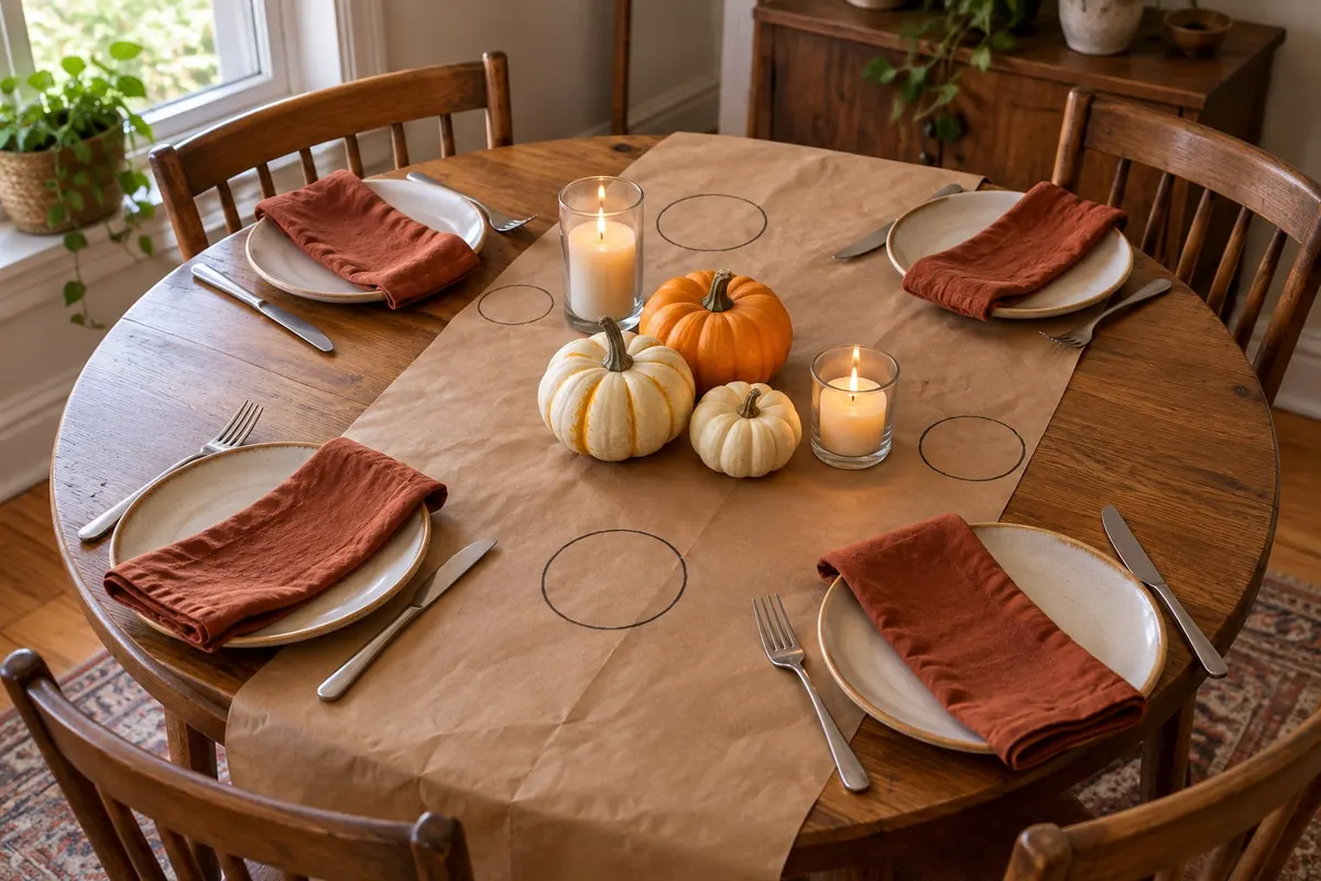 Small round wooden table covered in brown kraft paper with handwritten circles, three mini pumpkins and glass candles