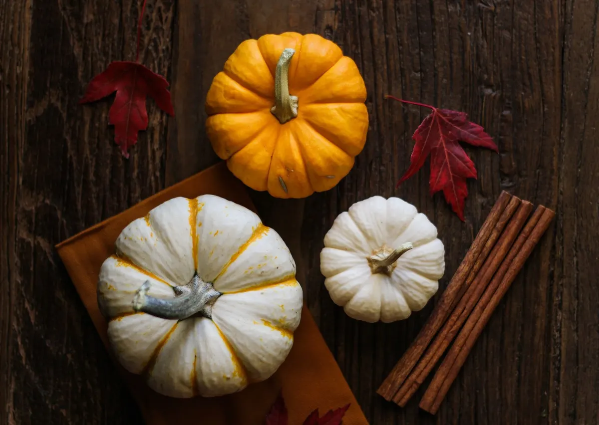 One orange, one striped white and one white pumpkin with three cinnamon sticks and red leaves on dark wood